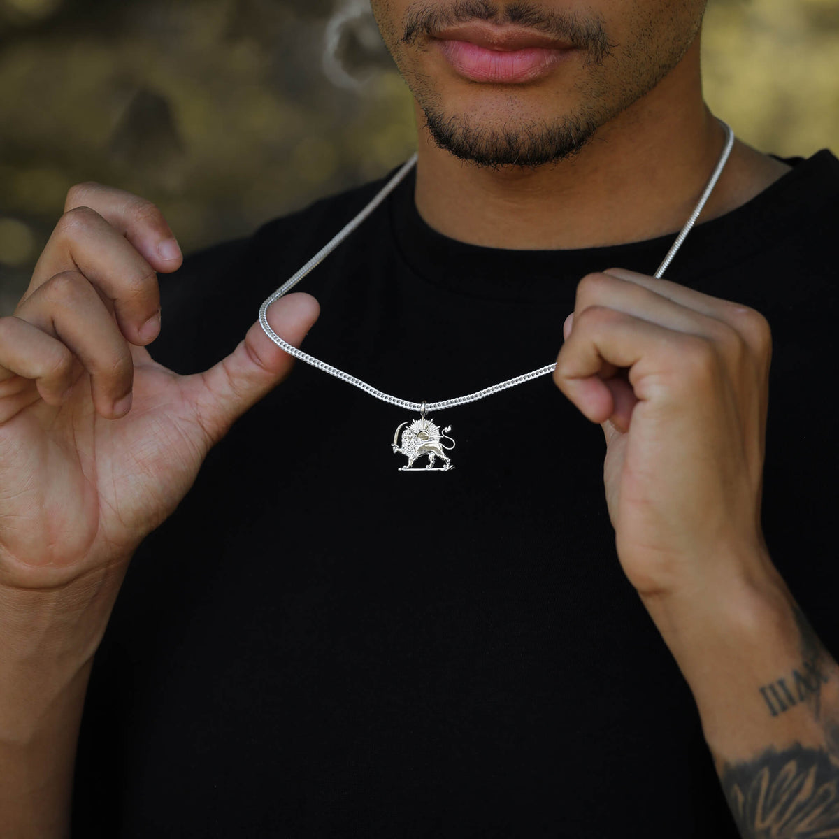 Iran Lion Emblem Necklace for Men worn by model