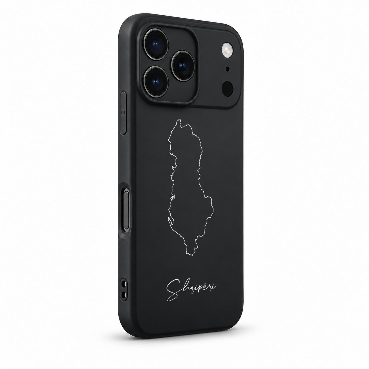Albanien Handyhülle für iPhone 17 Pro – Schrägansicht mit Kamerarand und Seitentasten