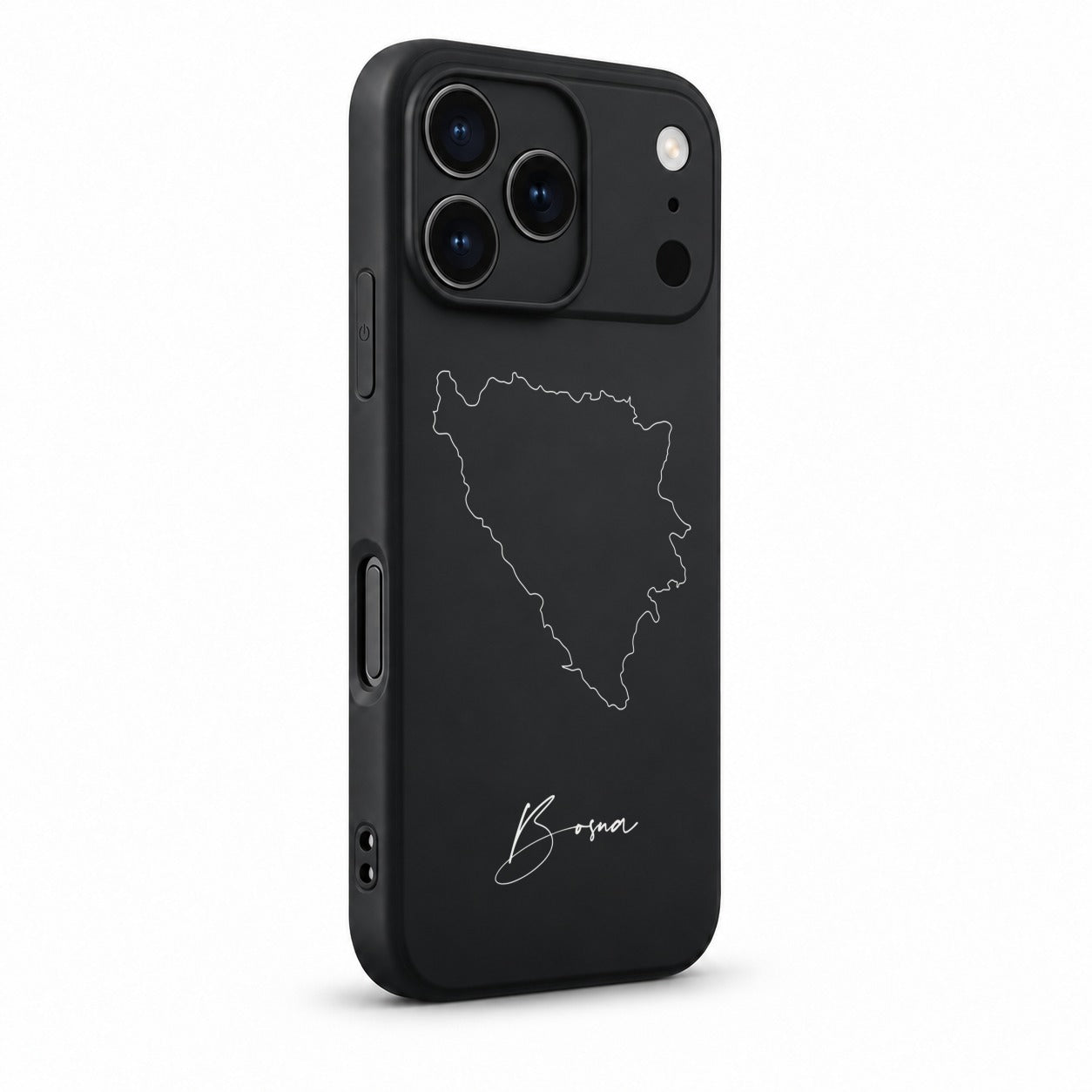 Bosnia phone case for iPhone 17 Pro – angled view with camera edge and side buttons
