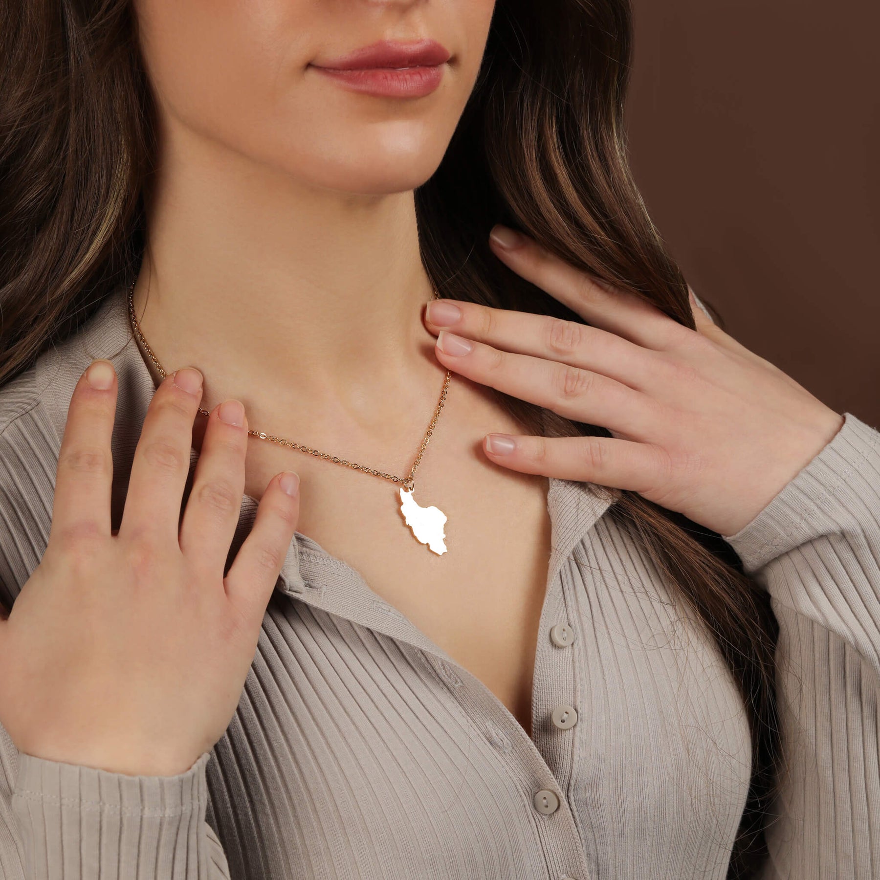 Iran Silhouette Map Necklace for Women on model