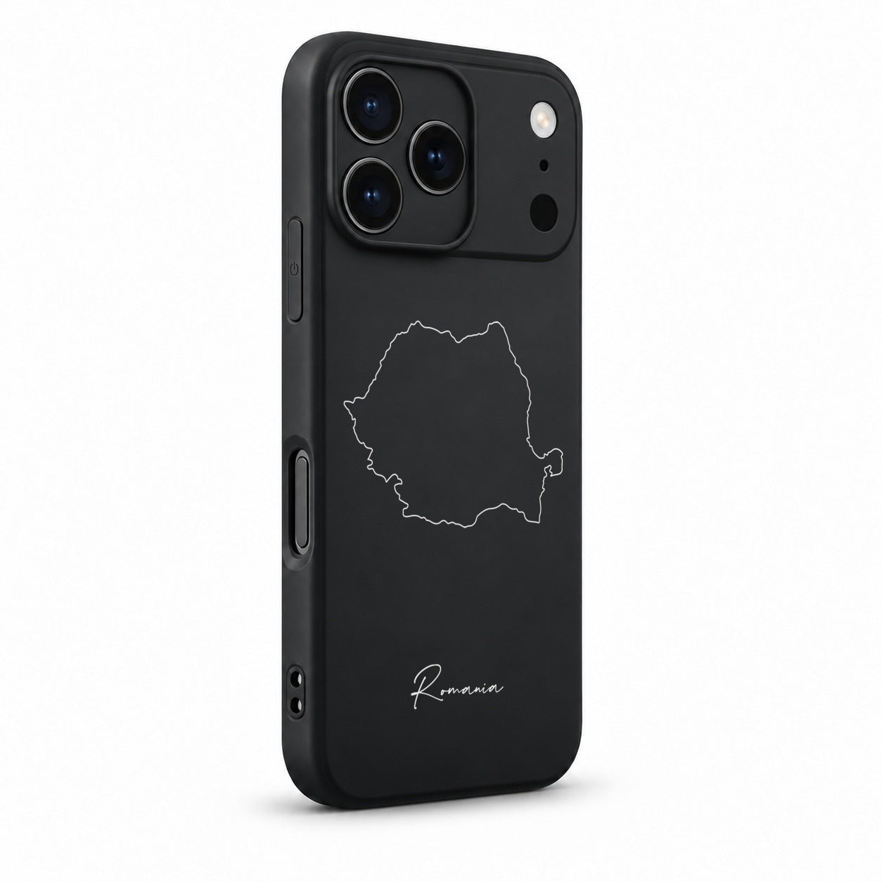 Rumänien Handyhülle für iPhone 17 Pro – Schrägansicht mit Kamerarand und Seitentasten