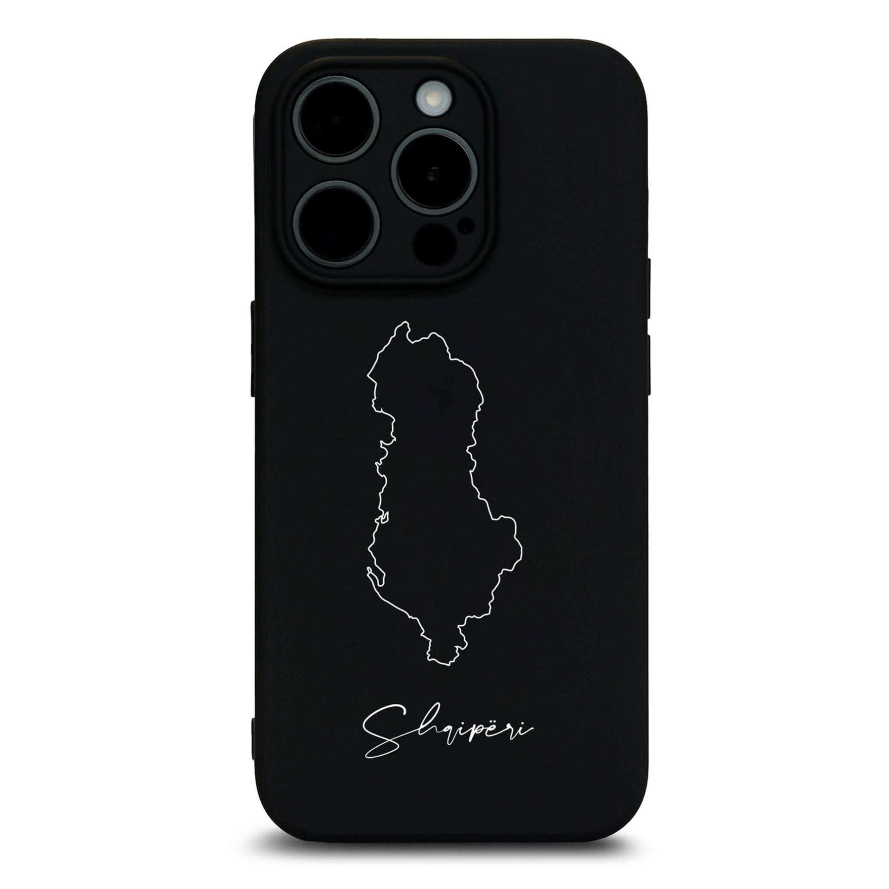 Albanien Handyhülle für iPhone 14 Plus, 14 Pro, 14 Pro Max, 15 und 16 – Rückseite mit Landkarte und Schriftzug