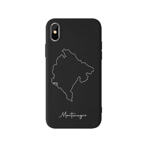 Montenegro Handyhülle für iPhone X, XS und XR – Rückseite mit Landkarte und Schriftzug