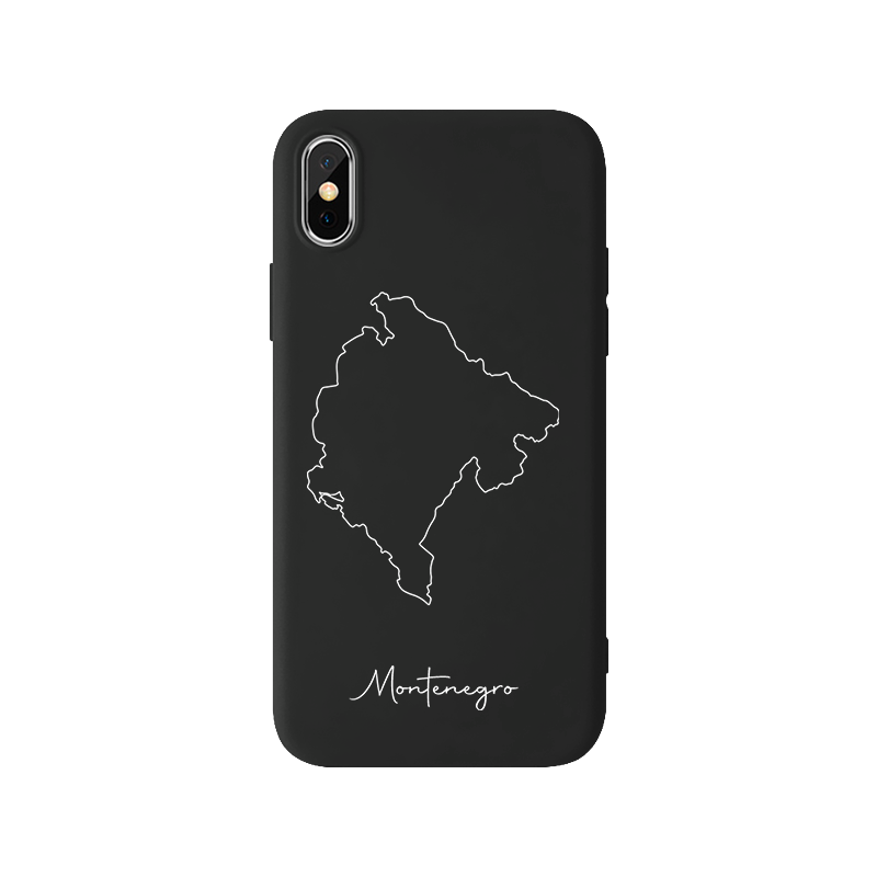 Montenegro Handyhülle für iPhone X, XS und XR – Rückseite mit Landkarte und Schriftzug