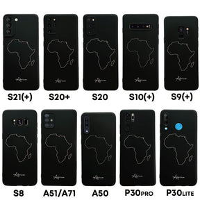 Afrika Handyhülle für Samsung Galaxy S8 bis S20, S21, S21+, A50, A51, A71 und Huawei P30 – Rückseite mit Landkarte und Schriftzug