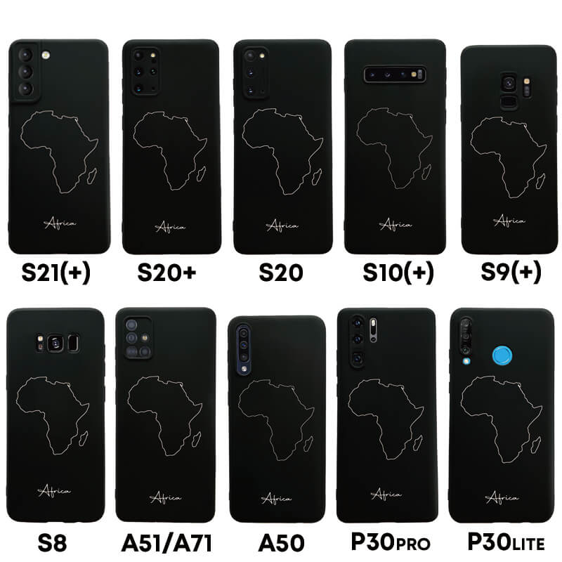 Afrika Handyhülle für Samsung Galaxy S8 bis S20, S21, S21+, A50, A51, A71 und Huawei P30 – Rückseite mit Landkarte und Schriftzug