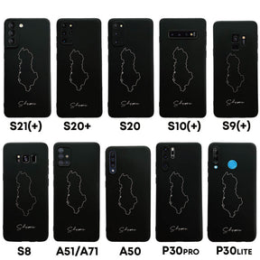 Albanien Handyhülle für Samsung Galaxy S8 bis S20, S21, S21+, A50, A51, A71 und Huawei P30 – Rückseite mit Landkarte und Schriftzug