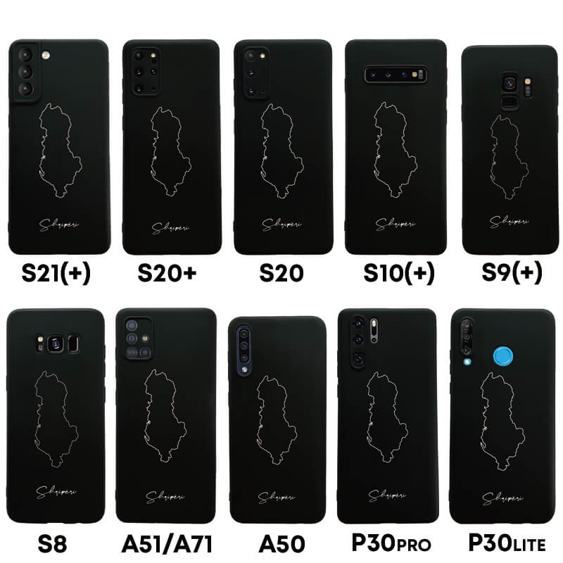 Albanien Handyhülle für Samsung Galaxy S8 bis S20, S21, S21+, A50, A51, A71 und Huawei P30 – Rückseite mit Landkarte und Schriftzug