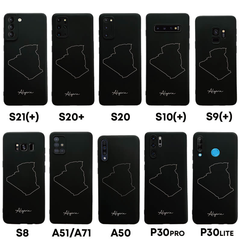 Algeria phone case for Samsung Galaxy S8 to S20, S21, S21+, A50, A51, A71 and Huawei P30 – back with map and lettering
