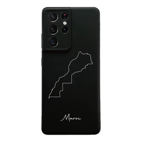 Marokko Handyhülle für Samsung Galaxy S21 FE, S21 Ultra und S22 – Rückseite mit Landkarte und Schriftzug