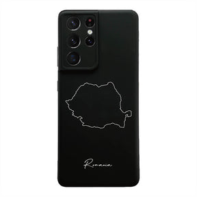 Rumänien Handyhülle für Samsung Galaxy S21 Ultra und S22 – Rückseite mit Landkarte und Schriftzug