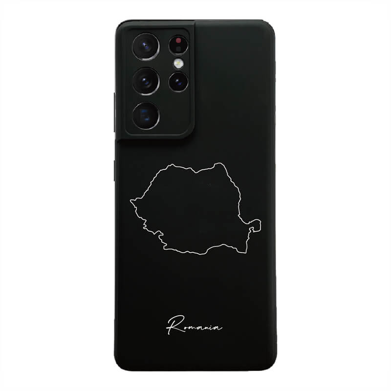 Rumänien Handyhülle für Samsung Galaxy S21 Ultra und S22 – Rückseite mit Landkarte und Schriftzug