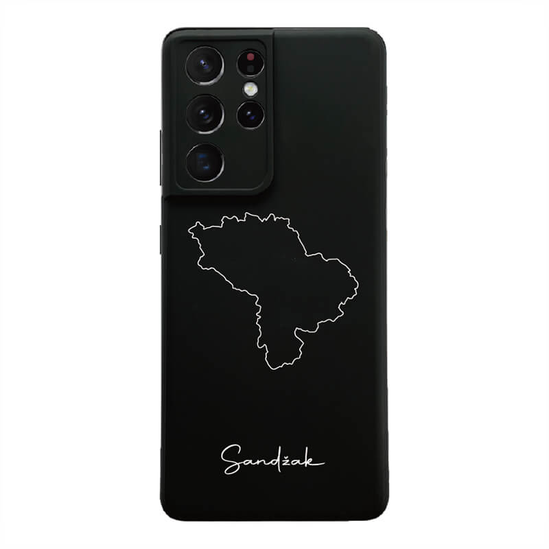 Sandžak Handyhülle für Samsung Galaxy S21 Ultra und S22 – Rückseite mit Landkarte und Schriftzug