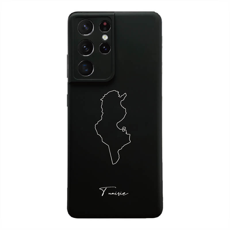 Tunesien Handyhülle für Samsung Galaxy S21 Ultra und S22 – Rückseite mit Landkarte und Schriftzug
