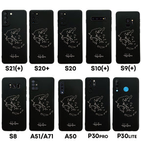 Greece phone case for Samsung Galaxy S8 to S20, S21, S21+, A50, A51, A71 and Huawei P30 – back with map and lettering