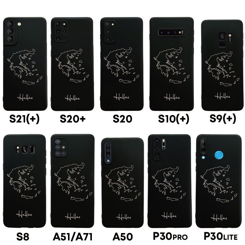 Greece phone case for Samsung Galaxy S8 to S20, S21, S21+, A50, A51, A71 and Huawei P30 – back with map and lettering