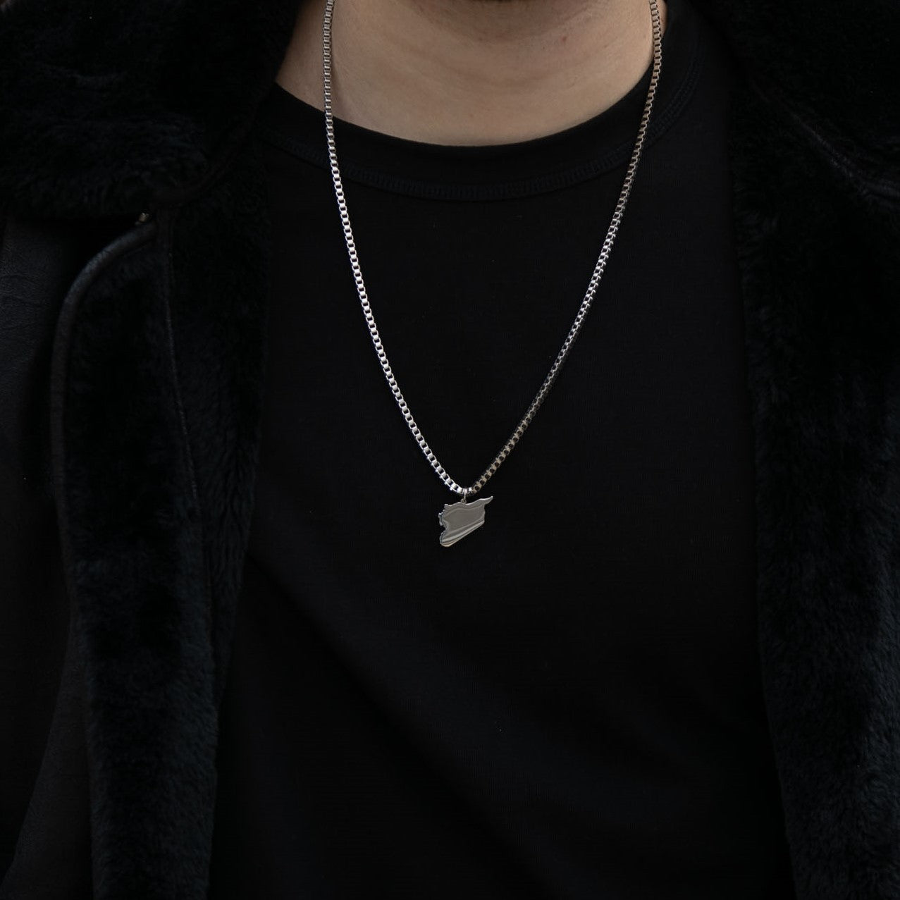 Syria Silhouette Map Necklace Men on model