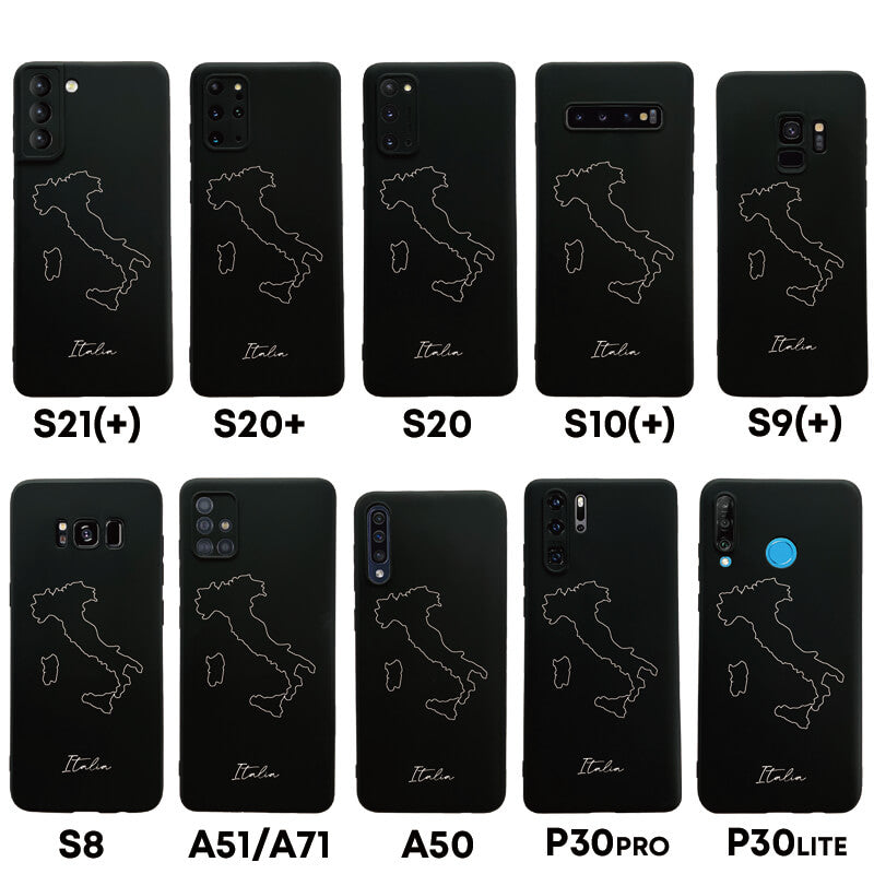 Italien Handyhülle für Samsung Galaxy S8 bis S10, S20, S20+, S21, S21+, A50, A51, A71 und Huawei P30 – Rückseite mit Landkarte und Schriftzug