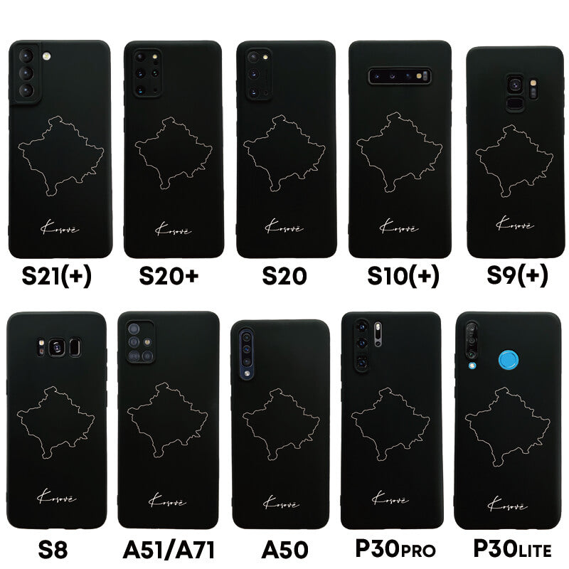 Kosovo Handyhülle für Samsung Galaxy S8 bis S20, S21, S21+, A50, A51, A71 und Huawei P30 – Rückseite mit Landkarte und Schriftzug