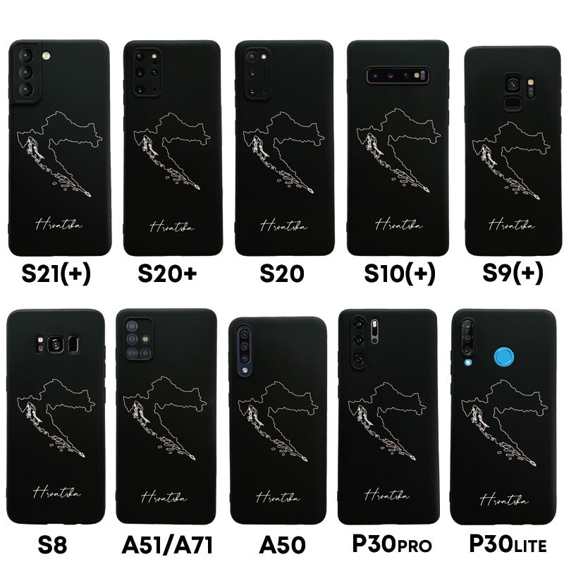 Kroatien Handyhülle für Samsung Galaxy S8 bis S20, S21, S21+, A50, A51, A71 und Huawei P30 – Rückseite mit Landkarte und Schriftzug