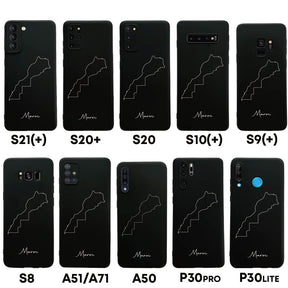 Marokko Handyhülle für Samsung Galaxy S8 bis S20, S21, S21+, A50, A51, A71 und Huawei P30 – Rückseite mit Landkarte und Schriftzug