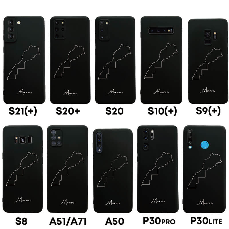Marokko Handyhülle für Samsung Galaxy S8 bis S20, S21, S21+, A50, A51, A71 und Huawei P30 – Rückseite mit Landkarte und Schriftzug