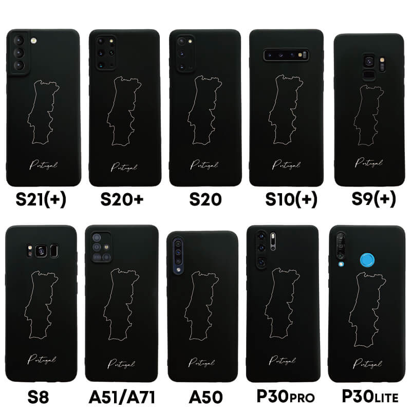 Portugal Handyhülle für Samsung Galaxy S8 bis S20, S21, S21+, A50, A51, A71 und Huawei P30 – Rückseite mit Landkarte und Schriftzug