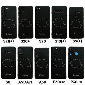 Rumänien Handyhülle für Samsung Galaxy S8 bis S20, S21, S21+, A50, A51, A71 und Huawei P30 – Rückseite mit Landkarte und Schriftzug