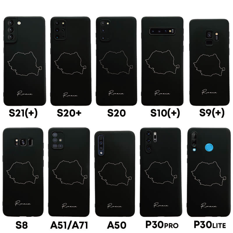 Rumänien Handyhülle für Samsung Galaxy S8 bis S20, S21, S21+, A50, A51, A71 und Huawei P30 – Rückseite mit Landkarte und Schriftzug