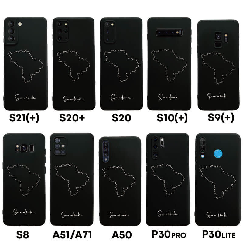Sandžak Handyhülle für Samsung Galaxy S8 bis S20, S21, S21+, A50, A51, A71 und Huawei P30 – Rückseite mit Landkarte und Schriftzug