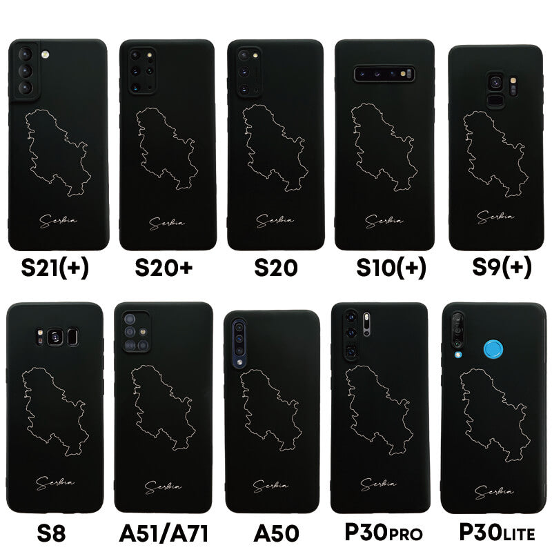 Serbien Handyhülle für Samsung Galaxy S8 bis S20, S21, S21+, A50, A51, A71 und Huawei P30 – Rückseite mit Landkarte und Schriftzug