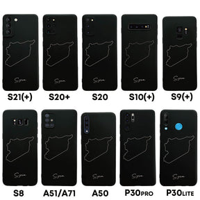 Syrien Handyhülle für Samsung Galaxy S8 bis S20, S21, S21+, A50, A51, A71 und Huawei P30 – Rückseite mit Landkarte und Schriftzug