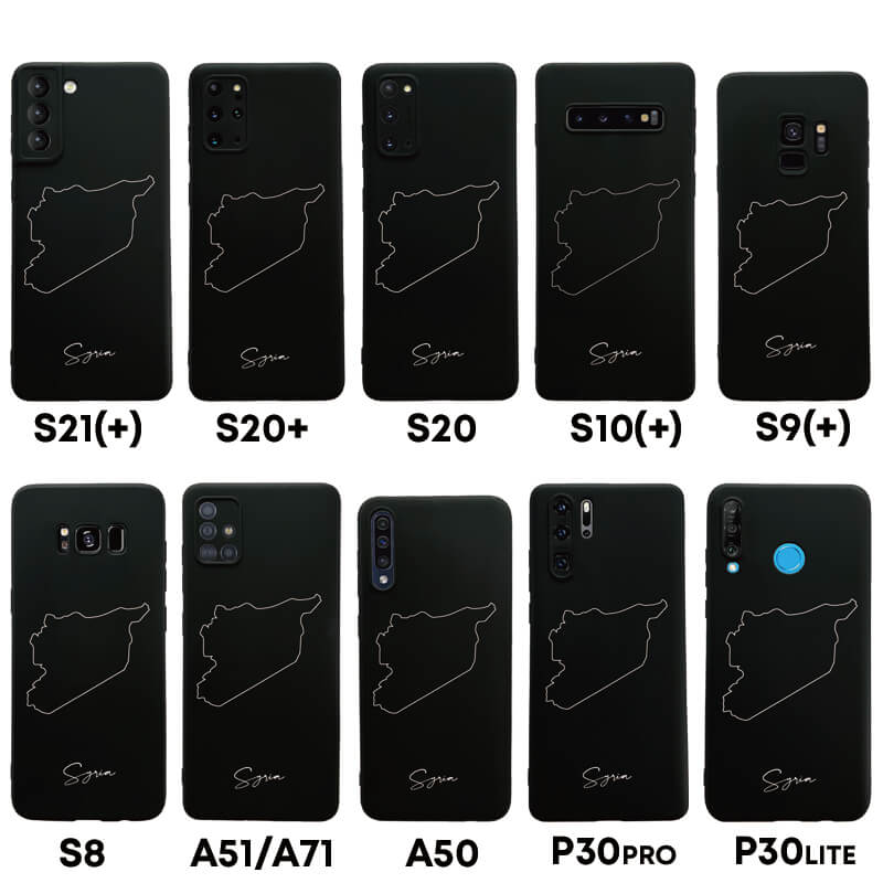 Syrien Handyhülle für Samsung Galaxy S8 bis S20, S21, S21+, A50, A51, A71 und Huawei P30 – Rückseite mit Landkarte und Schriftzug