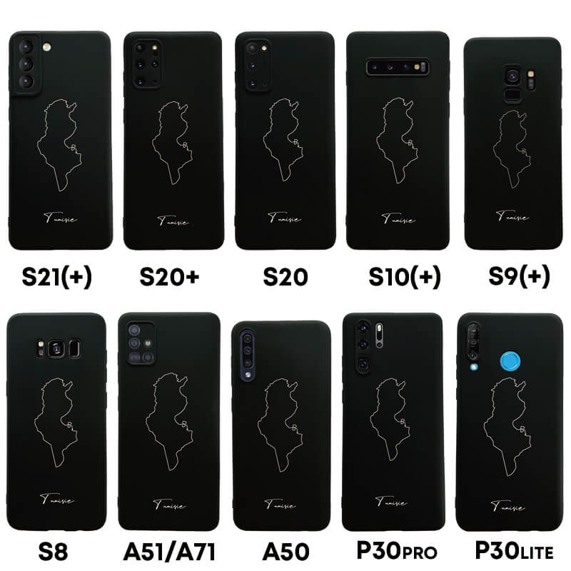 Tunesien Handyhülle für Samsung Galaxy S8 bis S20, S21, S21+, A50, A51, A71 und Huawei P30 – Rückseite mit Landkarte und Schriftzug